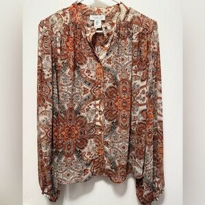Rachel Zoe Orange and Cream Paisley Button-Front Sheer Blouse Size Medium